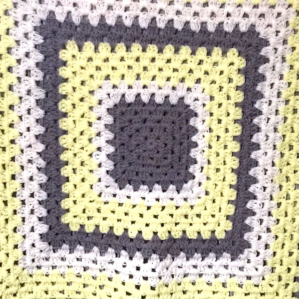 Crocheted 36 Inch Granny Square Baby Blanket pale Yellow Dusty Gray NEW